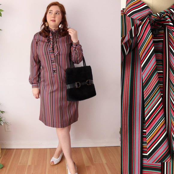 Vintage Dresses & Skirts - 70s Rainbow Striped Shift Dress Sears Pussybow